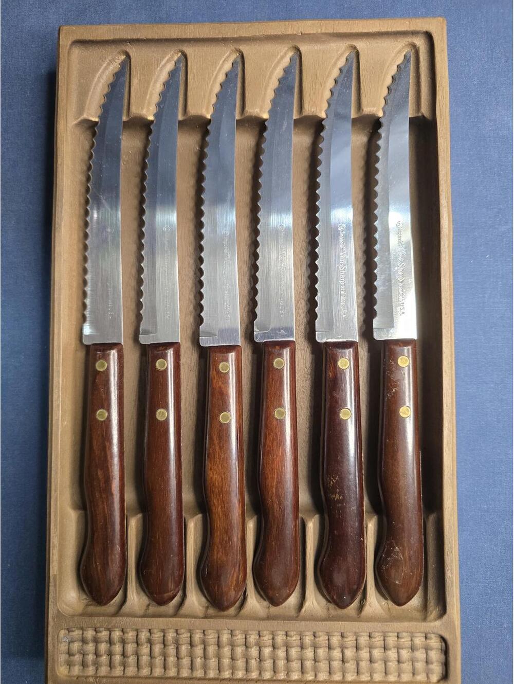 Vintage Imperial Veri-Sharp Steak Knives Stainless Wooden Handles Set of 6- 9"